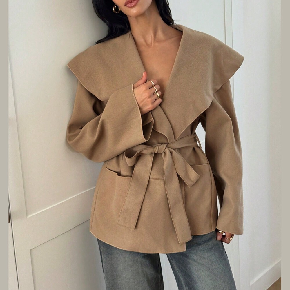 Tan Waterfall Collar Belted Wrap Coat - Picture 6 of 8